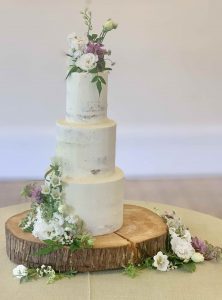 3 Tier Semi Naked Wedding Cake Fresh Flowers Wooden Theme Garden Rustic