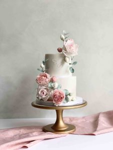 2 Tier Fondant Wedding Cake Flowers Colourful Ridged Textured Luxury Pink Sugar paste Monogram Rose