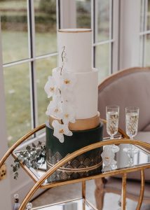 Art Deco 1920's style Gatsby wedding cake green gold orchid sugar flowers styling geometric romantic stylish classic tiered Masha Unwerth Photography