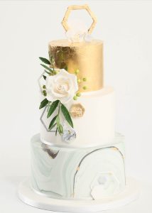 3 tier iced wedding cake sugar flowers romantic classic elegant gold leaf geometric marbled